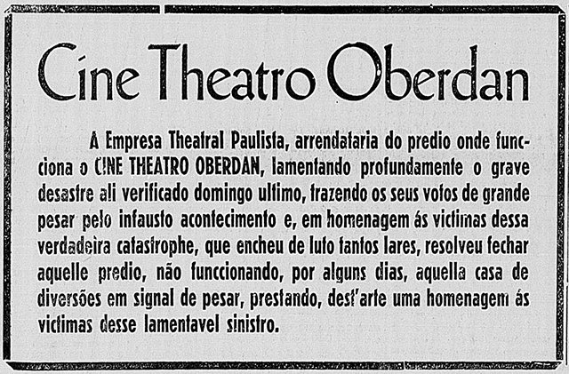 Anúncio em jornal anuncia paralisação das atividades do Oberdan.