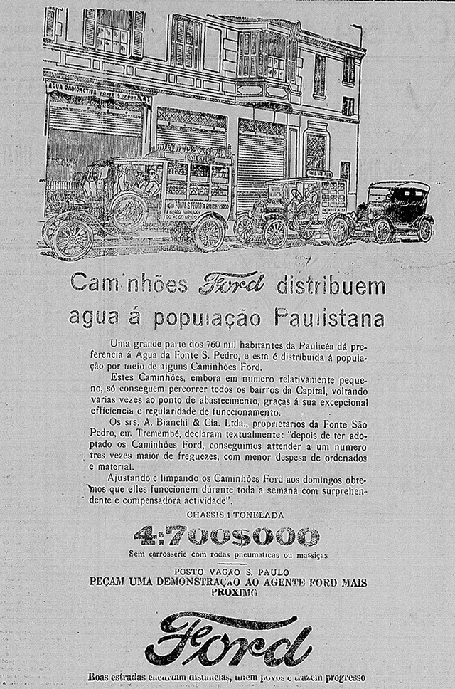 Publicidade da Ford em 1925 mostra o transporte da água da Fonte São Pedro