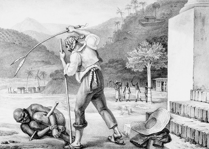 Na gravura de Debret, feitor pune escravo.