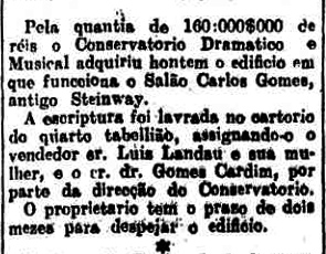 Nota sobre a aquisição em 1909