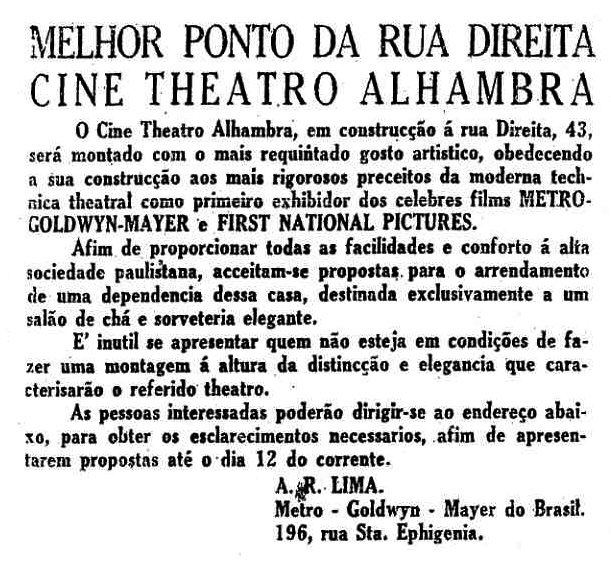 Nota de inauguração do Cine Alhambra em 1928