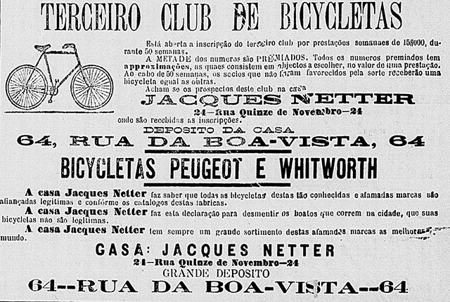 Anúncio de bicicletas à venda em jornal de 1898